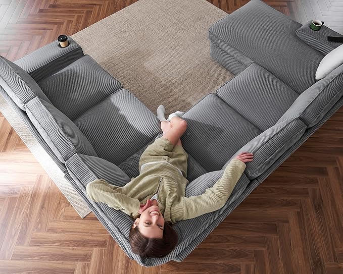 PaPaJet Oversized Sofa 112 inch U Shaped Sofa with USB Ports Sectional Couch with Storage Chaise Corduroy Grey
