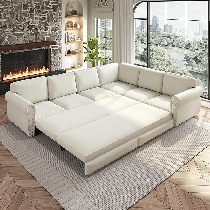 118 L Shaped Sectional Sleeper Sofa Couch with Pull Out Bed Oversized Chenille Convertible Sectional Couches with Nailhead Trim &amp Rolled Arm for Living Room Removable Sofa CoverBeige