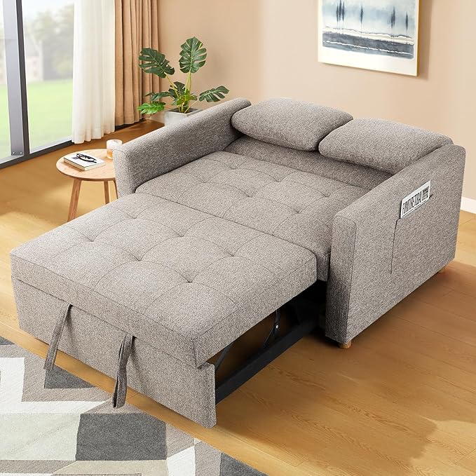SEJOV 3 in 1 Folding Convertible Sofa Bed Futon Couches with Side Pocket Adjustable Backrest Linen Fabric Loveseat Sleeper Sofa for Living RoomBedroomApartment and Small SpaceBrown Grey
