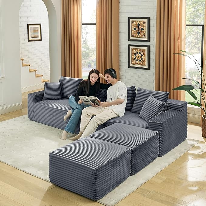 U-Shaped Cloud Sectional Couch Symmetrical Modular Compressed Boneless Sectional Sofa with Chaise Lounges Plush Corduroy Boneless Corner Sofa for Living Room