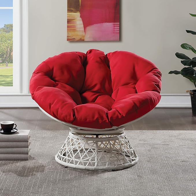 OSP Home Furnishings Wicker Papasan Chair with 360-Degree Swivel Cream Frame with Red Cushion
