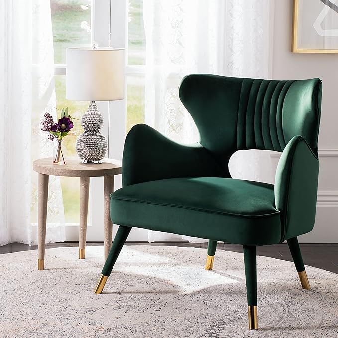 Safavieh Home Blair Retro Glam Forest Green Velvet and Gold Wingback Accent Chair