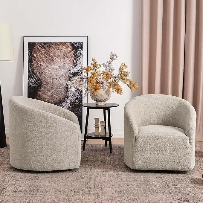 KINWELL 32 Wide Modern Boucle Swivel Barrel Chairs Set of 2 No Assembly Round Upholstered Swivel Accent Armchairs for Living Room Bedroom (Oatmeal)