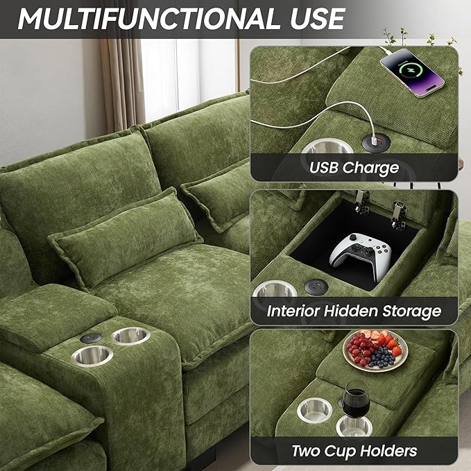 125 U Shaped Cloud Modular Sectional Couch for Living Room Small Comfy Chenille Sofa with Double Chaise Lounge Storage Central Console Cup Holders USB PortGreen