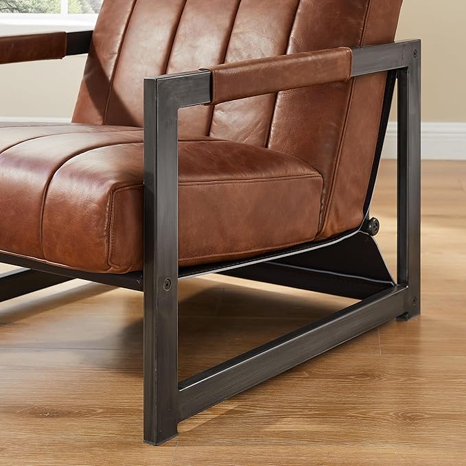 Art Leon Genuine Leather Accent Chair Mid Century Modern Arm Chair with Black Metal Frame Single Sofa Chair for Living Room Bedroom Red Brown