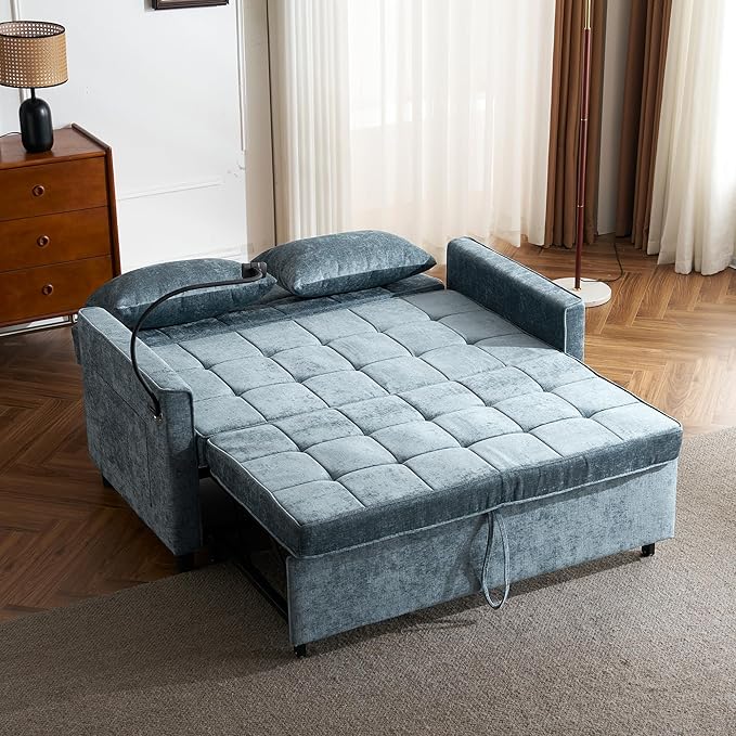 Merax Pull-Out Sleeper Sofa Bed with Reversible Backrest and Two Throw Pillows 3 in 1 Foton Couch with USB Ports &amp Phone Holder Chenille Loveseat for Living Room Blue