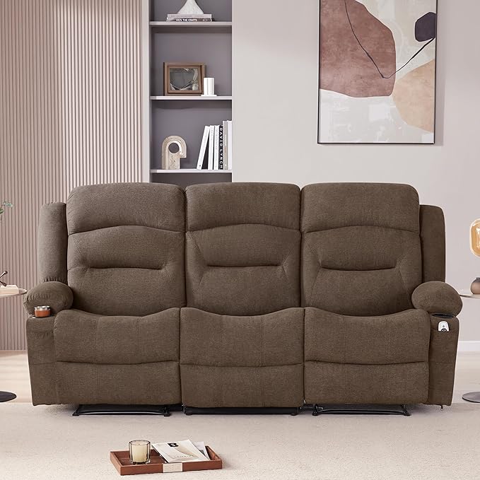 Oversized Recliner Sofa with Heat and Massage Wall-Hugger Reclining Sofa with Cup Holders and USB Port Big Large 3-Seater RV Recliner Couch Sofa for Living Room (Fabric Brown)