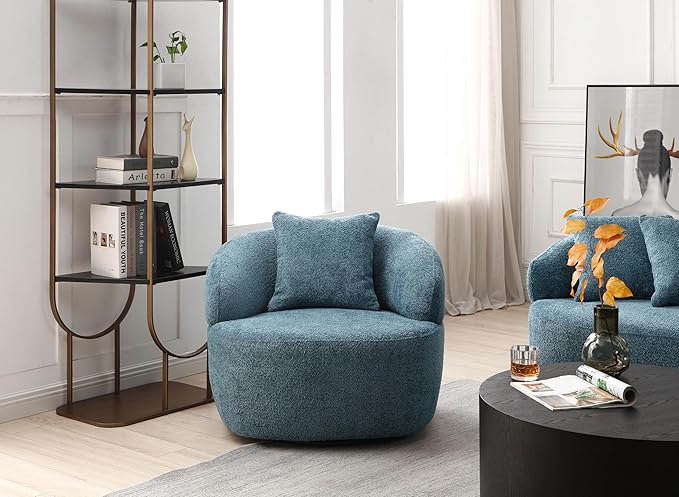 KEIKI 35 Round Oversized Boucle Single Sofa Chair with Ergonomic Design Upholstered Modern Style 1-Seater Corner Swivel Barrel Chair Easy Assembly for Office Apartment Living Room Blue