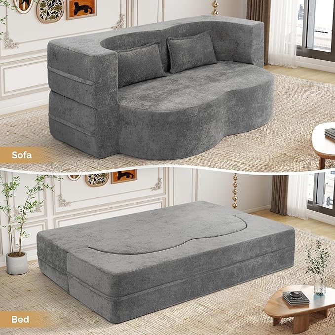 78 Convertible Sofa Bed with Pillows Queen Sleeper SofaFoam Folding Mattress Sleeper Modern Teddy Fabric Floor Cushion and Futon Chaise Lounge SofaFor ApartmentsGuest RoomsGuest UseCondoGary