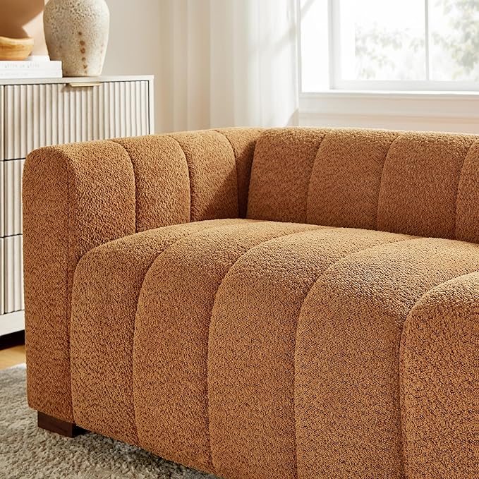VANOMi 82.68 Oversized Boucle Sofa for Living Room Modern Upholstered Tufted Cloud CouchComfy 3 Seater Deep Seat Sofa with Wood Legs for Apartment Reception RoomCurry