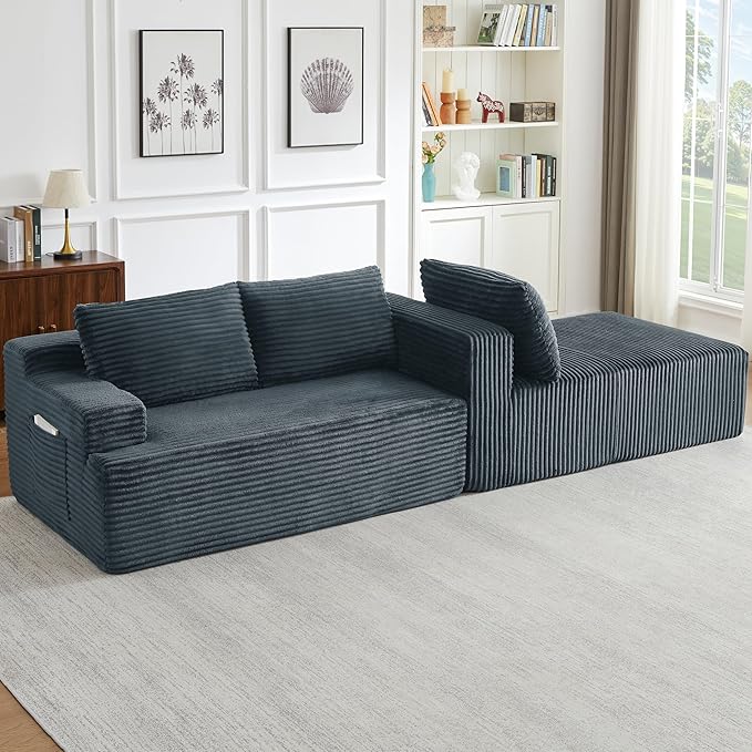 Modern Corduroy Modular Sectional Sofa96.1 Minimalist Style L-Shaped 3 Seat Couch with Side Storage PocketsComfortable Chaise Lounge For Living RoomReception AreaDark Grey Right Chaise Lounge