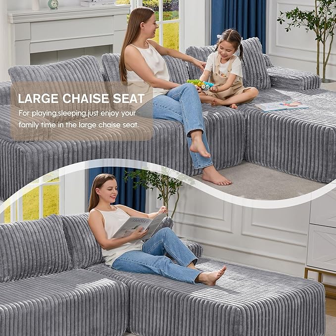 Modular Sectional Sofa Couches L-Shape Couch 3 Seat Modular Sofa Memory Foam Sectional Couches for Living Room Cloud Couch with Oversized Chaise (Light Grey Stripe 108 Right Facing Chaise)