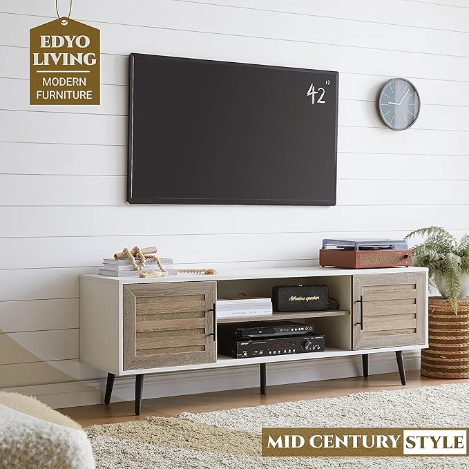 EDYO LIVING Mid Century Modern TV Stand for 65 TV Wood TV Stand with Storage Cabinet and Open Shelf Entertainment Center TV Console Table for Living Room White Walnut