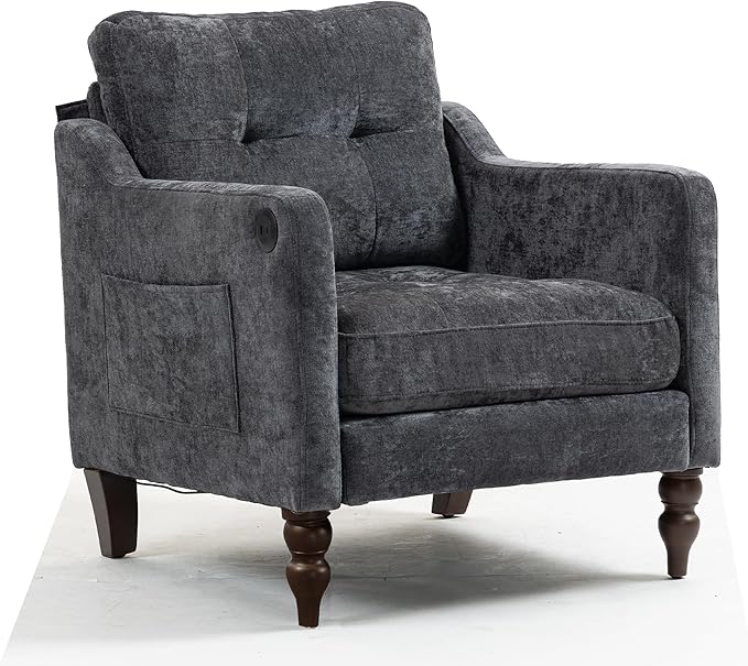 Ball &amp Cast Mid-Century Accent Chair for Living RoomReading Chair for Bedroom with USB Ports&ampSide PocketModern Accent Arm Chair W/Wide Backrest&ampRetro Wood LegsChenille Upholstered Comfy