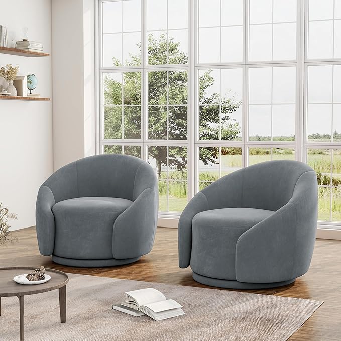 Swivel Barrel Accent Chair 360° Small Round Sofa Chair Comfy Modern Reading Armchair for Living Room Bedroom (Velvet Grey Set of 2)