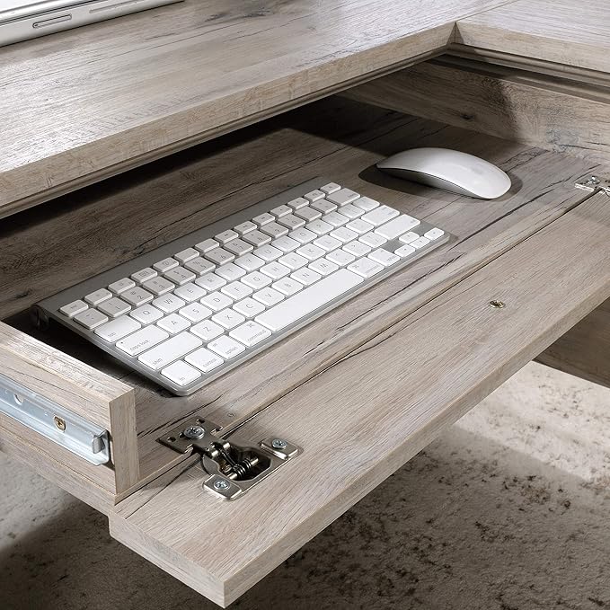 Sauder Palladia L Shaped Desk with Drawers Office Desk with File Cabinet Storage Cable Management Keyboard Tray in Split Oak finish