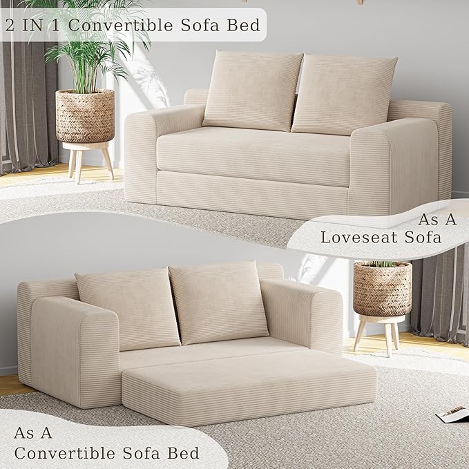 Chogori Loveseat Sleeper Sofa Bed Modern Corduroy Boneless Convertible Couch with Pull-Out Seat Cushion Two Seater Couch for Living Room Bedroom Apartment Home Office No Assembly (Beige)