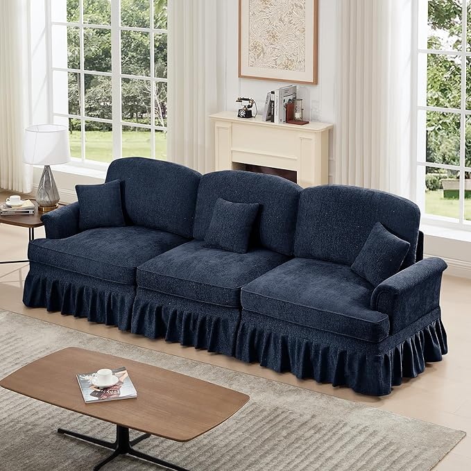 107'' Elegant Chenille Mid Century 3 Seater Sofa Comfy Oversized Sectional Cloud Couch with Flared Arms and Removable Ruffles Pleats Skirts for Living Room
