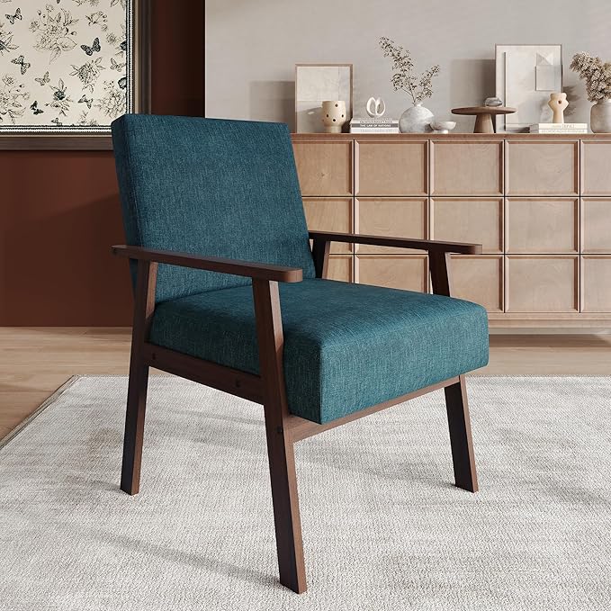 Mid-Century Modern Accent Chair Linen Upholstery Wooden Armrests Cushioned Seat Easy Assembly Blue