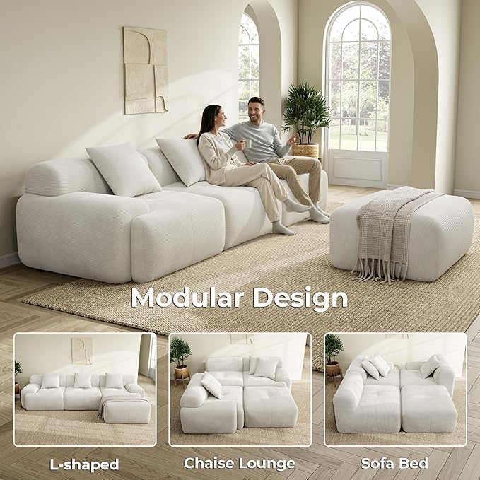 LIKIMIO 118 Modular Sectional Sofa with Ottoman L-Shaped Boneless Couch with Deep Seat for Living Room No Assembly Required Corduroy Upholstery Beige