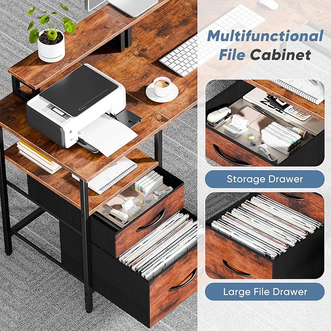 DUMOS 62 Inch L Shaped Gaming Desk with Charging Station &amp 2 Monitor Stands Computer Desk with Drawer &amp Adjustable Storage Shelves Large Corner Desk for Home Office Rust Brown