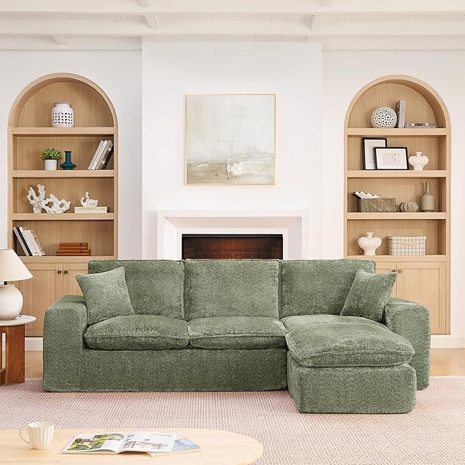 L-Shaped Boneless Modular Sectional Cloud Couches 4 Seat Modular Boucle Floor Foam Boneless Sofa Couch with Ottoman Headrest Pillows and Removable Cushions