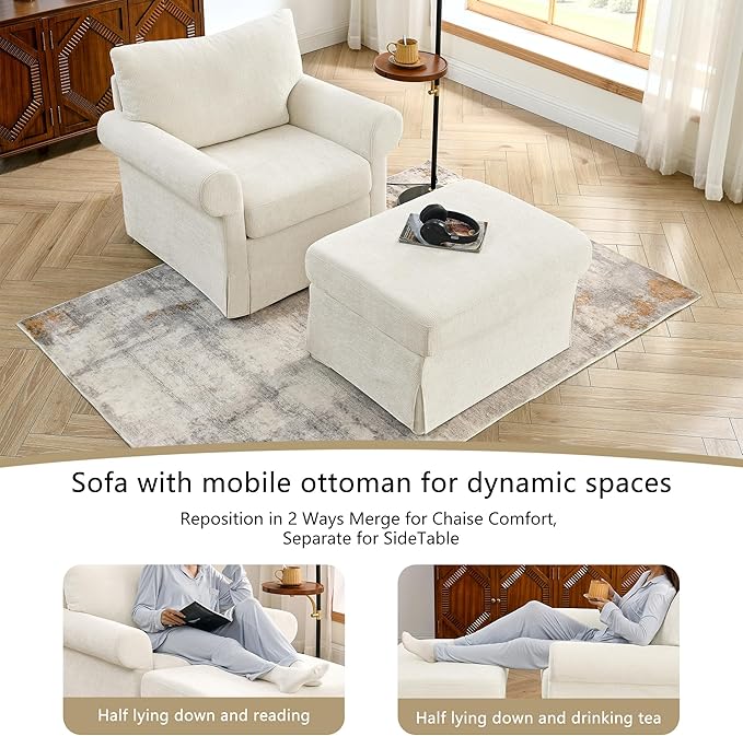 35.82 Accent Chair with Ottoman SetUpholstered Living Room Chairs for Reading Chair with Chaise Lounge Chairs Indoor Comfortable Armchair for Bedroom (Beige 35.82)