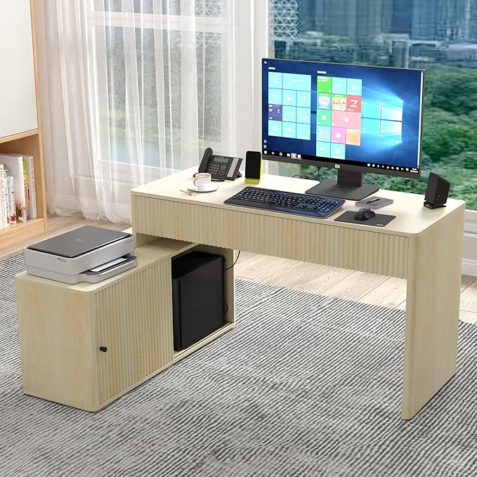 Modern Computer PC Desk Table with Storage Corner L Shaped Desk with Drawers Home Office Desk for Bedroom and Small Space for Writing Executive Study Work Vanity - Natural