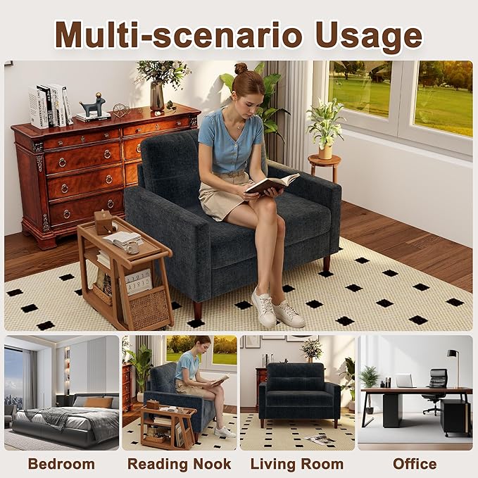 Mid Century Modern Accent Chair Chenille Sofa Chairs for Living Room Comfy Upholstered Armchair Reading Chair for Bedroom Apartment Studio Office Reading Spaces（2Pack Dark Grey）