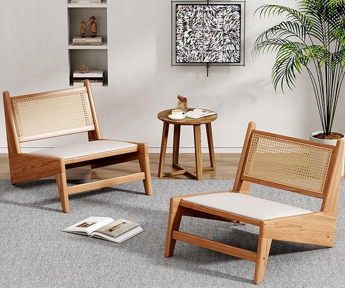 HAOBO Home Rattan Chair Mid Century Modern Accent Chair Living Room Chair Boho Chairs with Wooden Frame for Home Bedroom Set of 2
