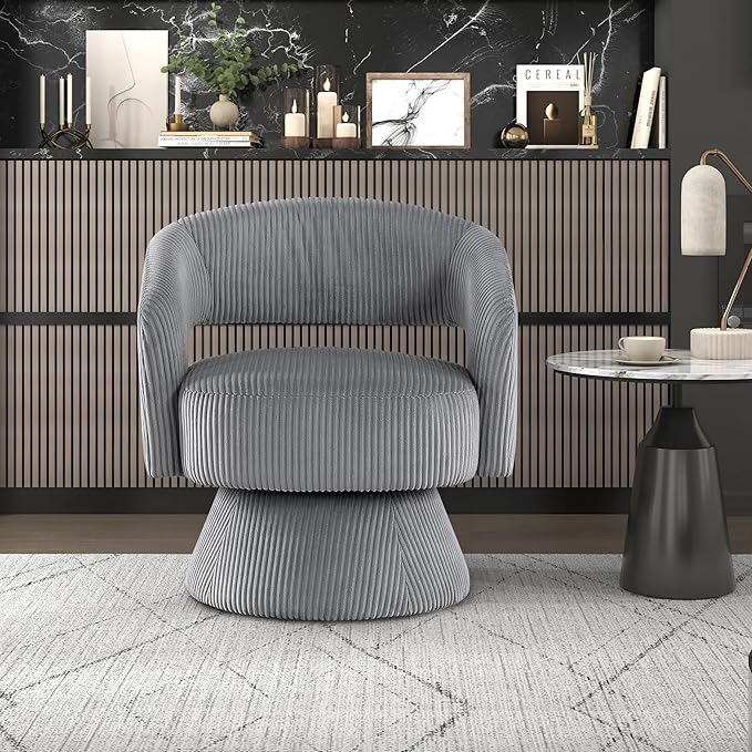 Lexicon 360 Degree Swivel Accent Chair Modern Comfy Corduroy Round Barrel Chair Open Back Plush Foam Cushions Metal Swivel Base for Living Room/Bedroom/Office Dark Gray