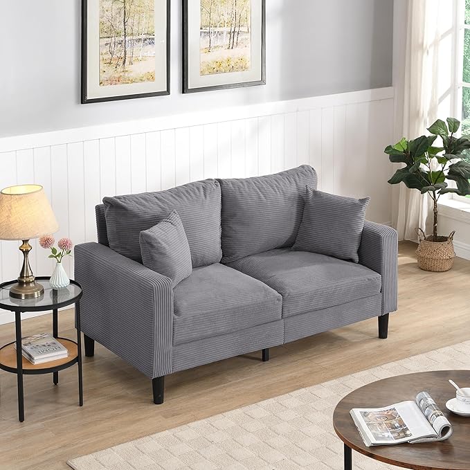 Corduroy Loveseat Sofa 2-Seater with Metal Legs Modern 57'' Compact Couch for Small SpacesMini Couches for Living Room/Apartment/Dorm/OfficeSettee (Corduroy Light Gray)