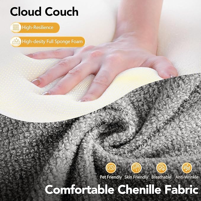 2026 New 105.5”Cloud Boneless Sectional Sofa for Living Room L-Shaped 4-Seater Modular Couch with Ottoman 4 Pillows Deep Seat Chenille Fabric Sofa No Assembly 72H Full Restore Light Grey