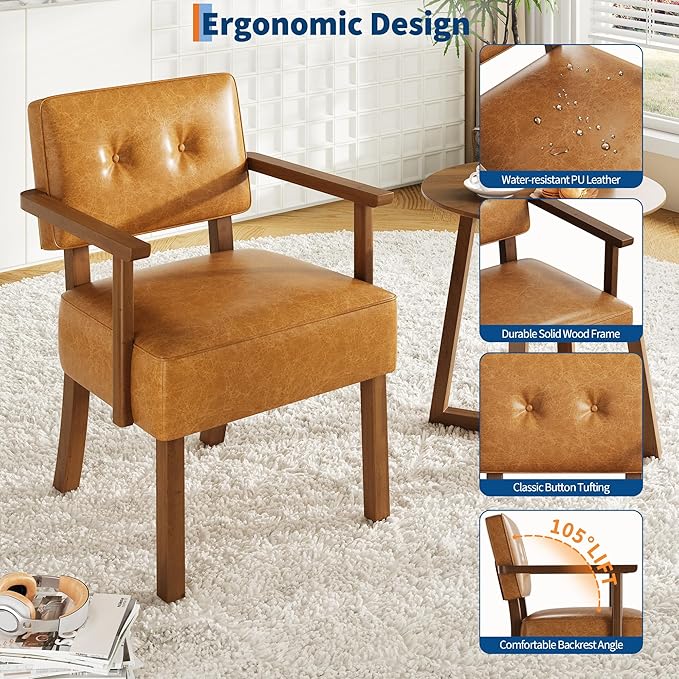 GarveeHome Faux Leather Accent Chair Mid-Century Modern Armchair with Button Tufting Reading Leisure Chair with Wood Frame for Living Room Brown