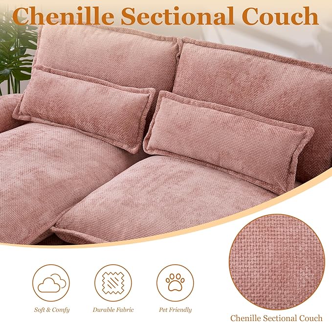 126 Modular Sectional Sofa with Storage Console Cloud Couch Chenille U-Shaped Sofa Cup Holders &amp Wireless Charger Memory Foam Double Chaise for Living Room Office Pink