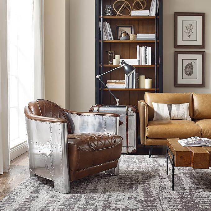 Zouron Genuine Leather Living Room Chair Mid Century Modern Single Sofa Chair in Aluminum Vintage Barrel Accent Chair for Living Room Bedroom Home Office Cognac