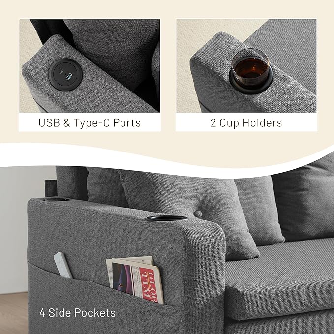 3 in 1 Sofa Bed 56 Inch Convertible Pull Out Couch Loveseat Sleeper Sofa with Cup Holders USB Sofa Couches for Living Room Bedroom Apartment Light Grey
