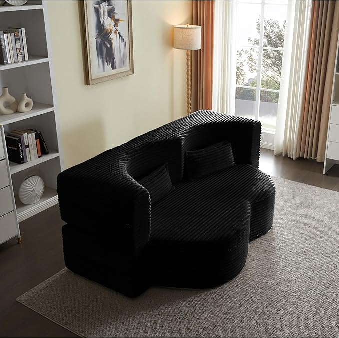 2 in 1 Folding Floor Couch Sofa Bed with 2 Pillows Convertible Sleeper Sofa Modern Full Mattress for Living Room Guestroom Plush Corduroy Floor Sofa BedNo Assembly RequiredBlack