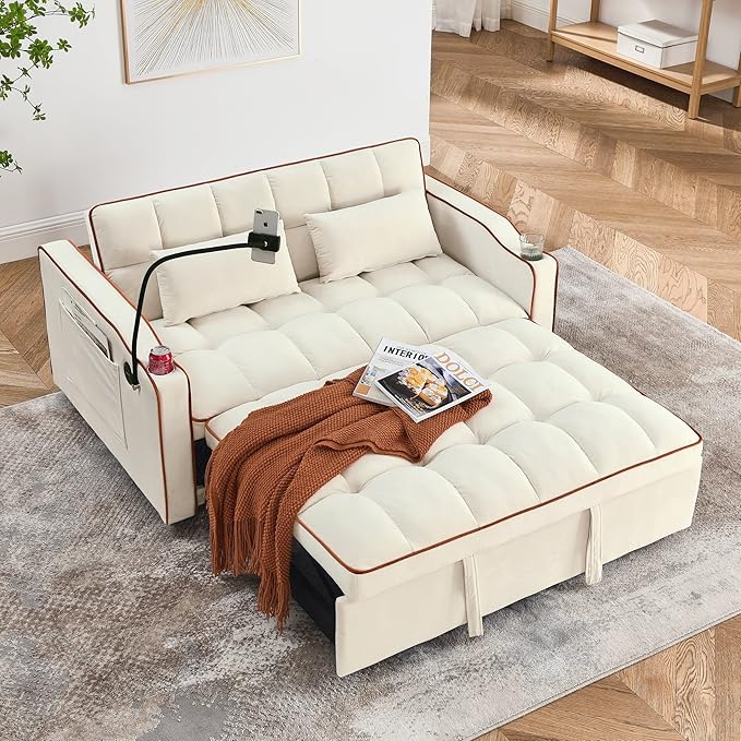 Dreamzie 3 in 1 Convertible Sleeper Sofa Bed Pull Out Couch for Living Room with Swivel Phone Stand Loveseat Sleeper with Side Pocket | Adjustable Backrest | USB Port | Cup Holder(Fabric Beige)
