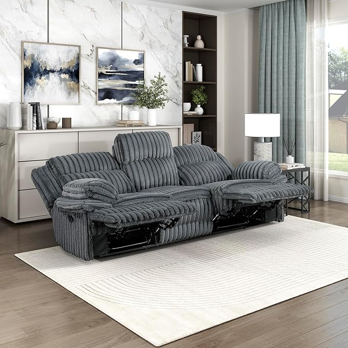 Lexicon Manual Double Reclining Sofa Corduroy Manual Wall Hugger Recliner Couch Pillow Top Arms Plush Foam Cushions Over Pocket Coils Cozy Reclining Sofa for Living Room Dark Gray