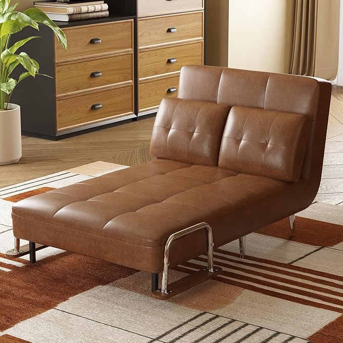 43.3 3-in-1 Modern Faux Leather Convertible Sofa Bed Brown Upholstered Sleeper Sofa with Sturdy Metal Frame &amp High-Density Foam Filling Ideal for Living Rooms Offices &amp Studies