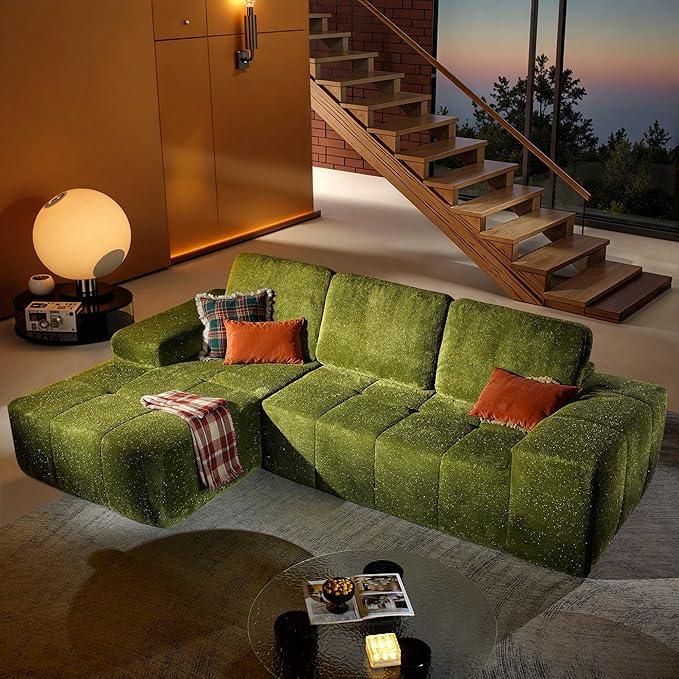 114 in Modular Sectional Sofa Plush Fabric with Silver LuminousBoneless L-Shaped Couch with Chaise for Living Room with Deep Seat No Assembly Required Sofa (Green Left Chaise)