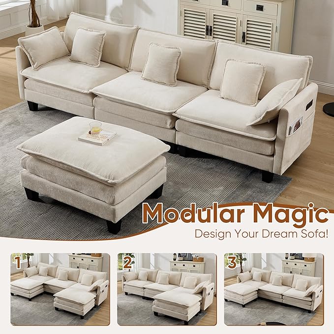 108 L Shaped Modular Sectional Cloud Couch with Ottoman 3 Seats Modern Sofas with Charger USB &amp Type-c Port with Deep Seat for Living Room Bedroom and Apartment White