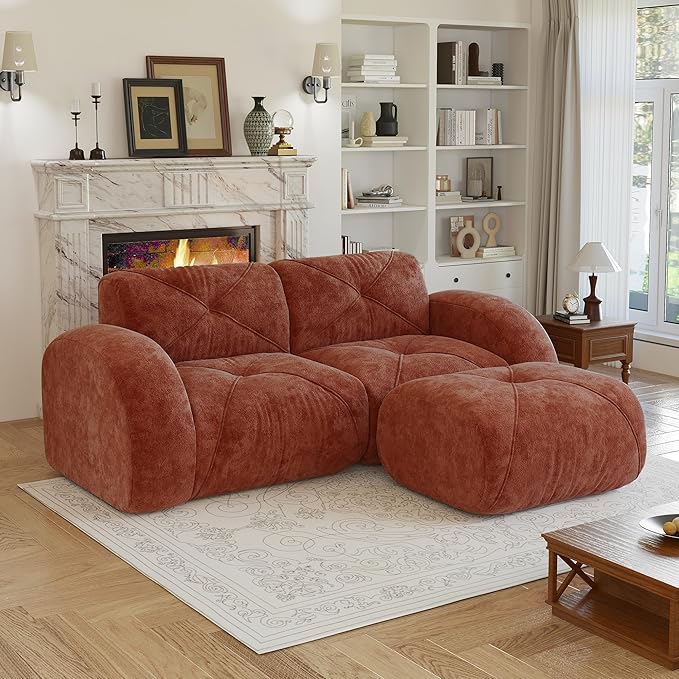 80 Sectional Modular Cloud Couch Boneless Couches with Deep Seat Convertible 2-Seater Sofa Set with Ottoman for Living Room Bedroom Office Red