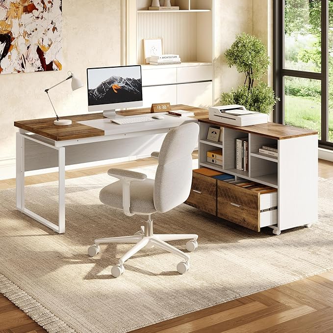 LITTLE TREE 63 L-Shaped Executive Office Desk with Reversible File Cabinet Large Modern Office Desk for Home Office 2-Drawer Wood File Cabinet for Hanging Letter Size Files(Oak Karo &amp White)