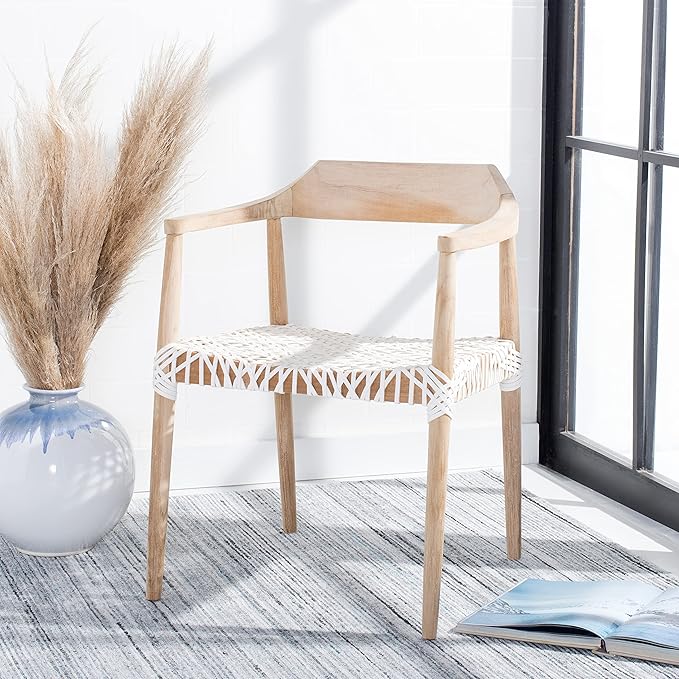SAFAVIEH Home Collection Munro Natural Teak Wood/White Leather Woven Accent Chair (Fully Assembled)