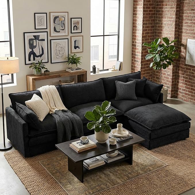 Homy Casa 102 Inch L Shaped Couch Set3-Seat Sectional Sofa with Chaise Comfortable Chenille Fabric Removable Cushions Ottoman DIY CombinationModern Design for Living/Family Room (Black)