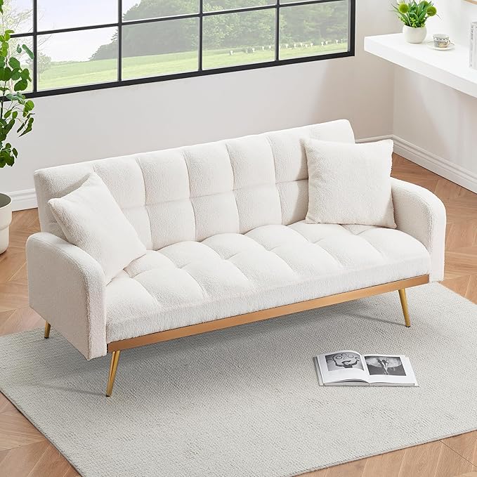 Teddy Futon Sofa Bed69 Modern Small Love Seat Couch for Small SpacesConvertible Tufted Sleeper Sofa Loveseat Couch Bed with Gold Metal Legs for Living RoomBedroom (Teddy Beige)