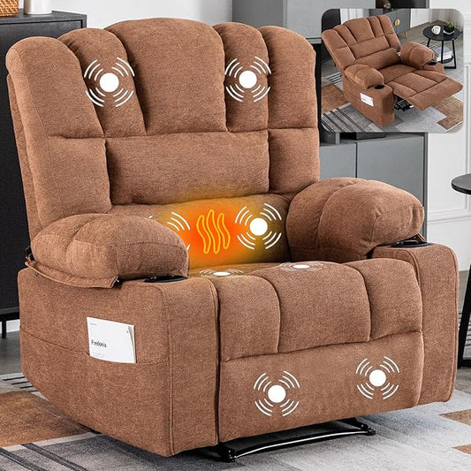 Massage Recliner Chair with Heat Brown Recliner Chair with Cup Holder for Adults Manual Reclining Chairs Large &amp Oversized Recliners for Living Room Fabric Heavy Duty (Brown)