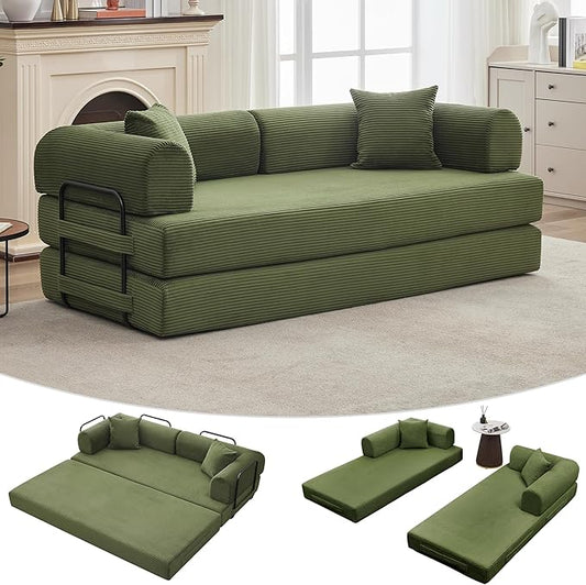 GarveeHome 79 Convertible Sleeper Sofa Bed Couch 4-in-1 Boneless Corduroy Folding Sofa Bed with Pillow &amp Fixed-Shape Floor Mattress Couch Loveseat for Living Room Apartments - No Assembly Gree
